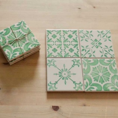 Coasters Set in portuguese tiles hand painted, green aqua, Set B