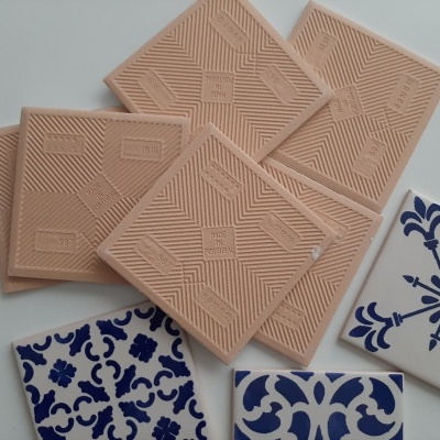 Backsplash with Portuguese Tiles hand painted in Warm Grey