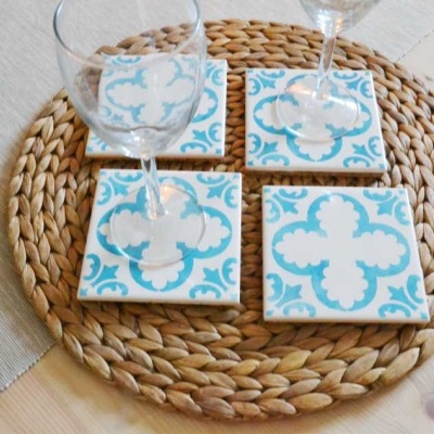 Coasters Set in portuguese tiles hand painted, turquoise, Set C