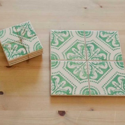 Ceramic Coasters Set, portuguese tiles, hand painted, green aqua, Set of 4 coasters