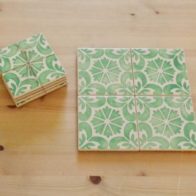 Coasters Set in portuguese tiles hand painted, green aqua, Set E