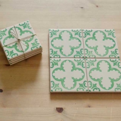 Coasters Set in portuguese tiles hand painted, green aqua, Set C