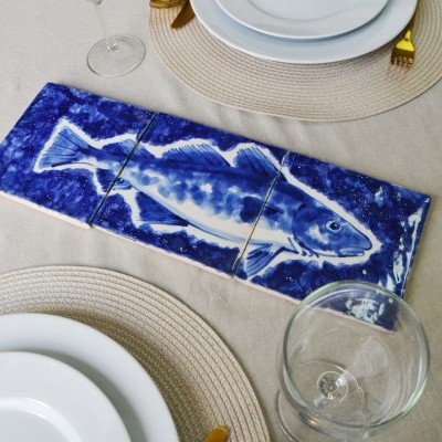 Cod Fish in Decorative Tile Panel,  hand painted,  white