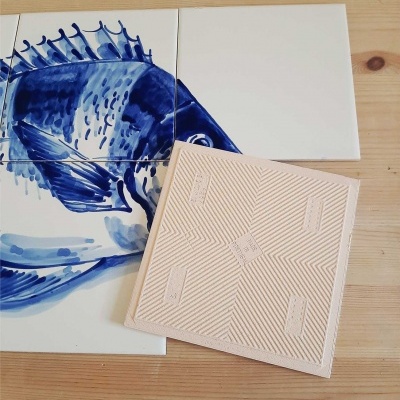 Portuguese Tile Mural, Fish, hand painted in cobalt blue