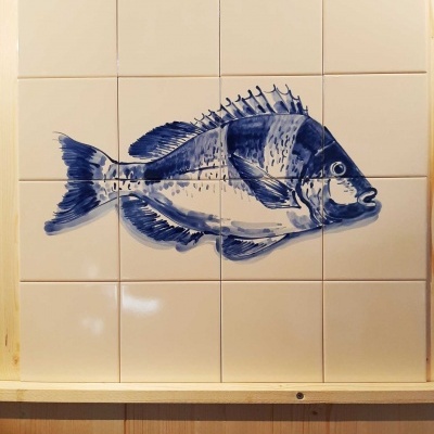 Portuguese Tile Mural, Fish, hand painted in cobalt blue