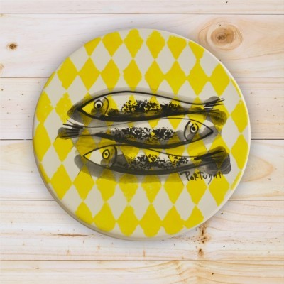 Ceramic Trivet , hand painted, Sardine Collection in Yellow