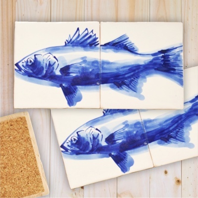 Fish in Decorative Tile Panel,  hand painted, white