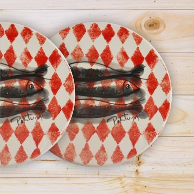 Ceramic Trivet , hand painted, Sardine Collection in Red