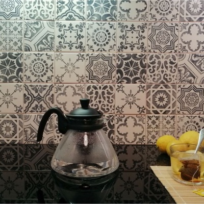 Backsplash with Portuguese Tiles hand painted in Warm Grey