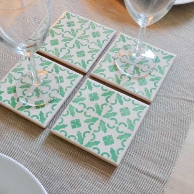 Coasters Set in portuguese tiles hand painted, green aqua, Set G