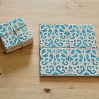 Coasters Set in portuguese tiles hand painted, turquoise, Set F