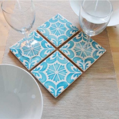 Coasters Set in portuguese tiles hand painted, turquoise, Set E