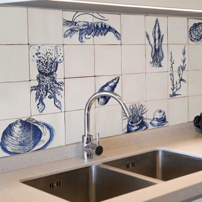 Tile Mural Marine Animals, Backsplash, Decorative tiles Handpainted, Sea Collection