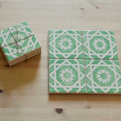 Coasters Set in portuguese tiles hand painted, green aqua, Set I