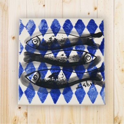 Ceramic Trivet , tile hand painted, Sardine Collection Cobalt Blue