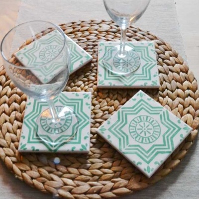 Coasters Set in portuguese tiles hand painted, green aqua, Set L