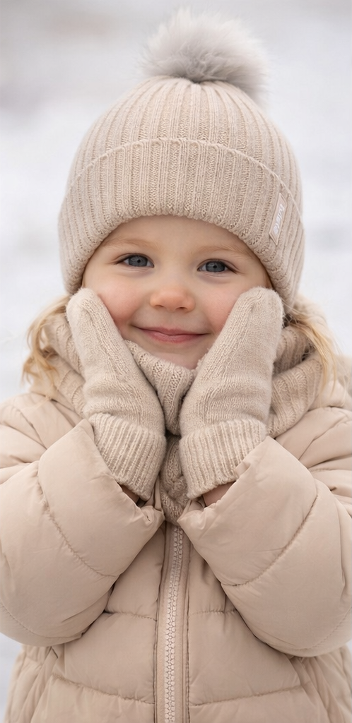 Criança com conjunto bege de inverno em ambiente exterior nevoento