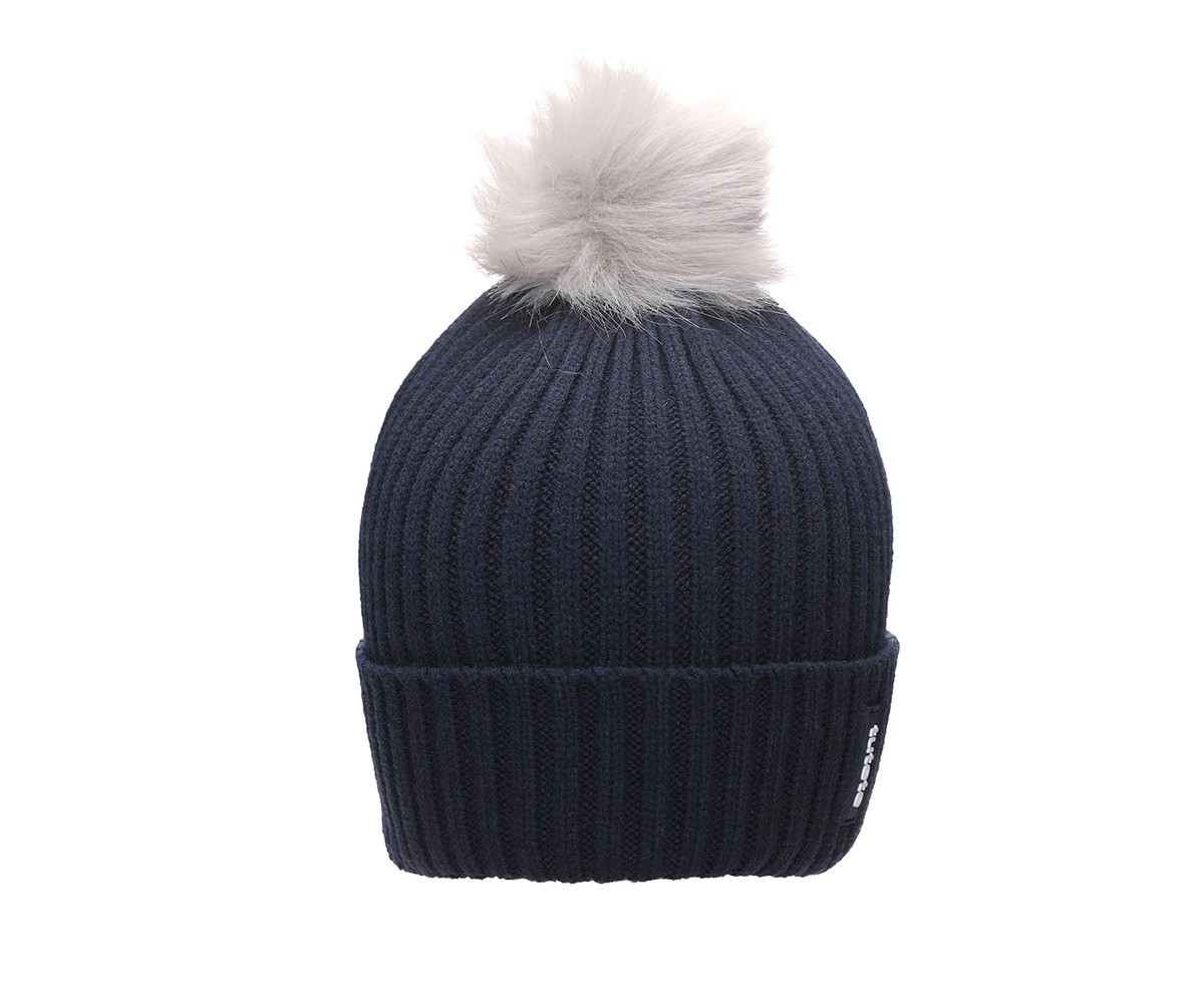 Gorro de malha azul escuro com pompom cinza claro