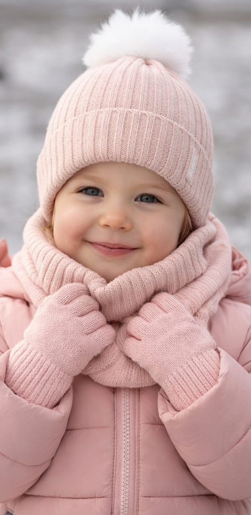 Criança com roupas de inverno cor-de-rosa