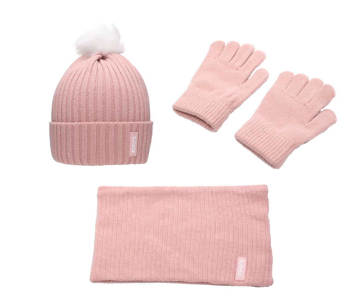 Conjunto de gorro, luvas e cachecol cor de rosa com etiqueta Tutete