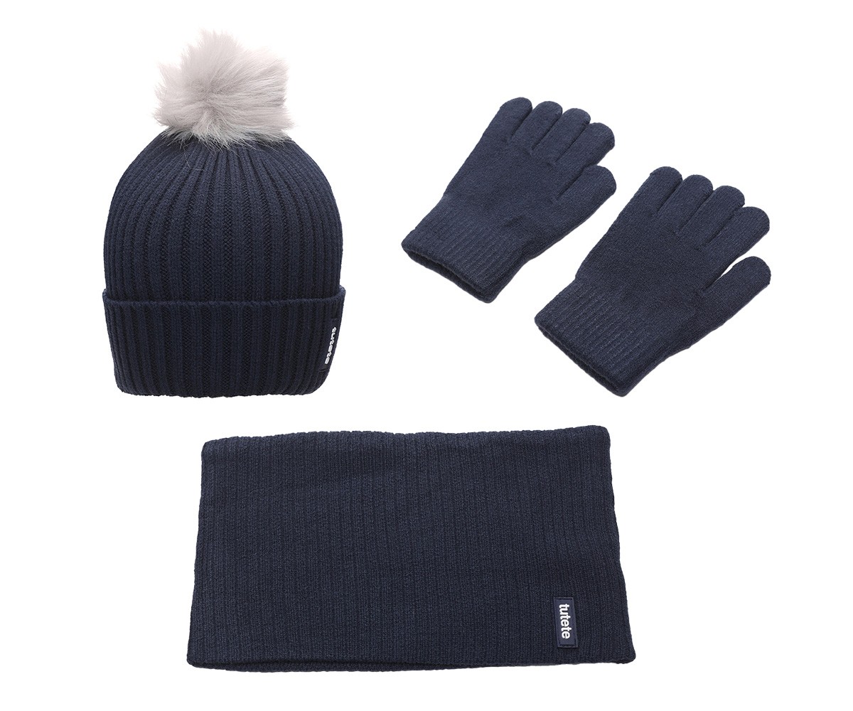 Conjunto de inverno azul escuro com gorro, luvas e cachecol