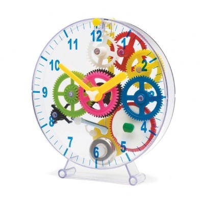 Relógio de mesa transparente com rodas dentadas coloridas