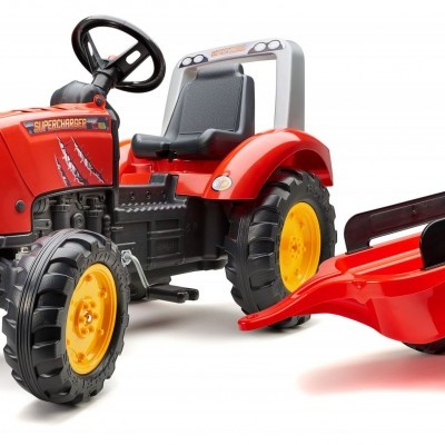 Trator de brincar vermelho com atrelado vermelho e rodas amarelas