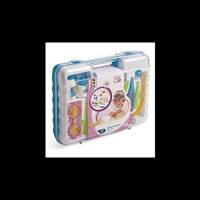 Estojo de brinquedo médico branco e azul com acessórios coloridos