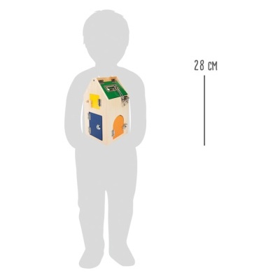 Casa de madeira colorida para crianças com 28 cm de altura e detalhes em azul, amarelo e laranja