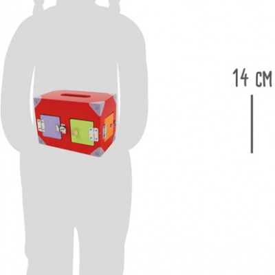 Caixa de madeira vermelha com portas coloridas e fechos metálicos