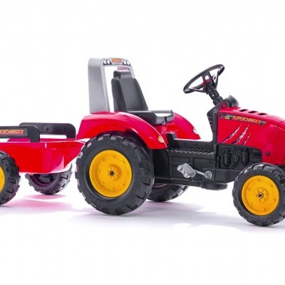 Trator de brinquedo vermelho e preto com rodas amarelas e reboque vermelho