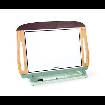 Quadro branco para escrita Janod com moldura em madeira e suporte verde