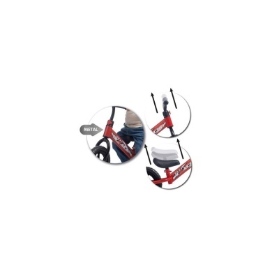 Bicicleta infantil vermelha metálica com assento branco ajustável e guiador branco