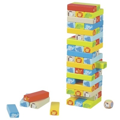 Blocos de madeira coloridos com imagens de animais para jogo de empilhar e dado de madeira