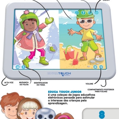 Tablet educativo infantil branco com ilustrações de crianças e texto em português