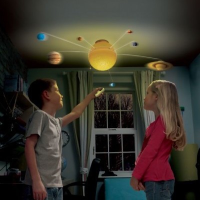 Modelo de sistema solar pendurado no teto com planetas coloridos e duas crianças a observar num quarto
