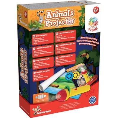 Caixa do kit Animals Projector com imagens de animais e instrumentos para projeção coloridos.