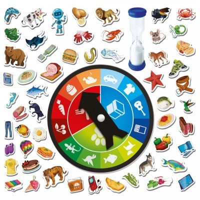 Tabuleiro colorido de jogo com ponteiro e figuras diversas em volta