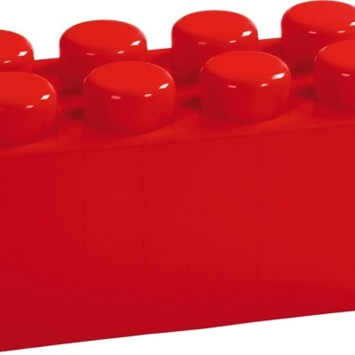 Bloco de construção vermelho tipo LEGO de plástico com oito pinos no topo