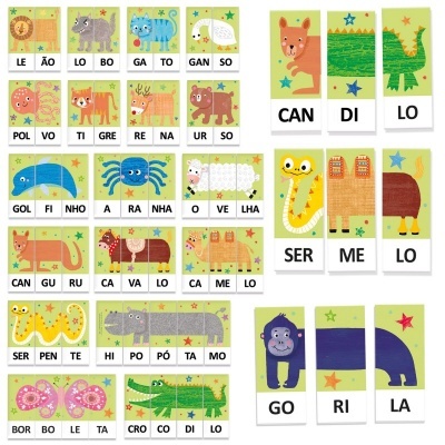 Cartas de jogo com ilustrações de animais e sílabas para formar palavras