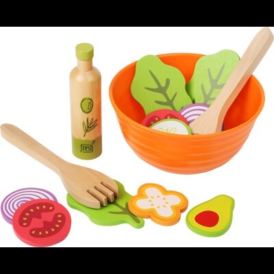 Brinquedo conjunto de salada com tigela laranja, legumes coloridos em madeira e utensílios de madeira