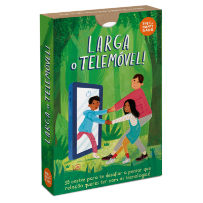 Caixa de cartas Larga o Telemóvel! com ilustração de crianças e texto alusivo a tecnologias.