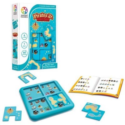 Jogo de puzzle Pirates Jr. Seashells da Smart Games com tabuleiro azul, peças ilustradas e caixa.