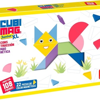 Jogo de construção magnética CUBI MAG Junior XL com peças coloridas e ilustração de gato.