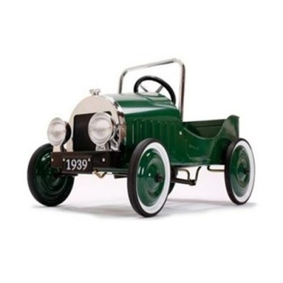 Carro a puxar a pedal verde com detalhes cromados e placa 1939.