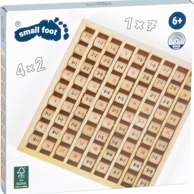 Jogo educativo de madeira Small Foot com blocos rotativos mostrando operações de multiplicação.