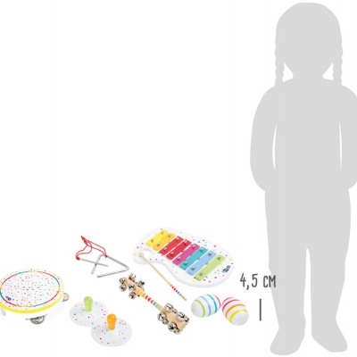 Conjunto colorido de instrumentos musicais para crianças em madeira com padrão de pintas coloridas