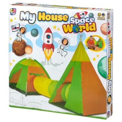 Caixa de brinquedo com tendas infantis em tecido e tema espacial