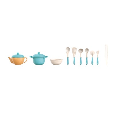 Conjunto utensílios de cozinha azul e laranja com colheres e panelas