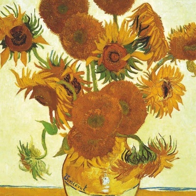 Pintura de um vaso amarelo com girassóis em tons amarelos e castanhos